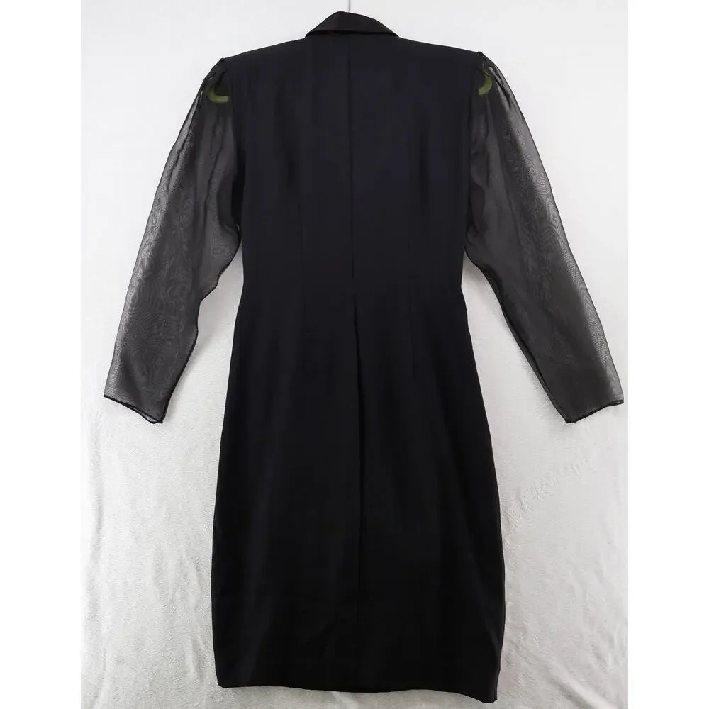 VTG J.R. Nites Wrap Dress USA Black Satin Sheer Sleeve Formal 80s 90s